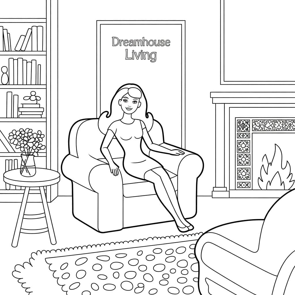 12 Barbie Doll in Living Room to Color (Free PDF Printables) 9 a black and white line art illustration ENa