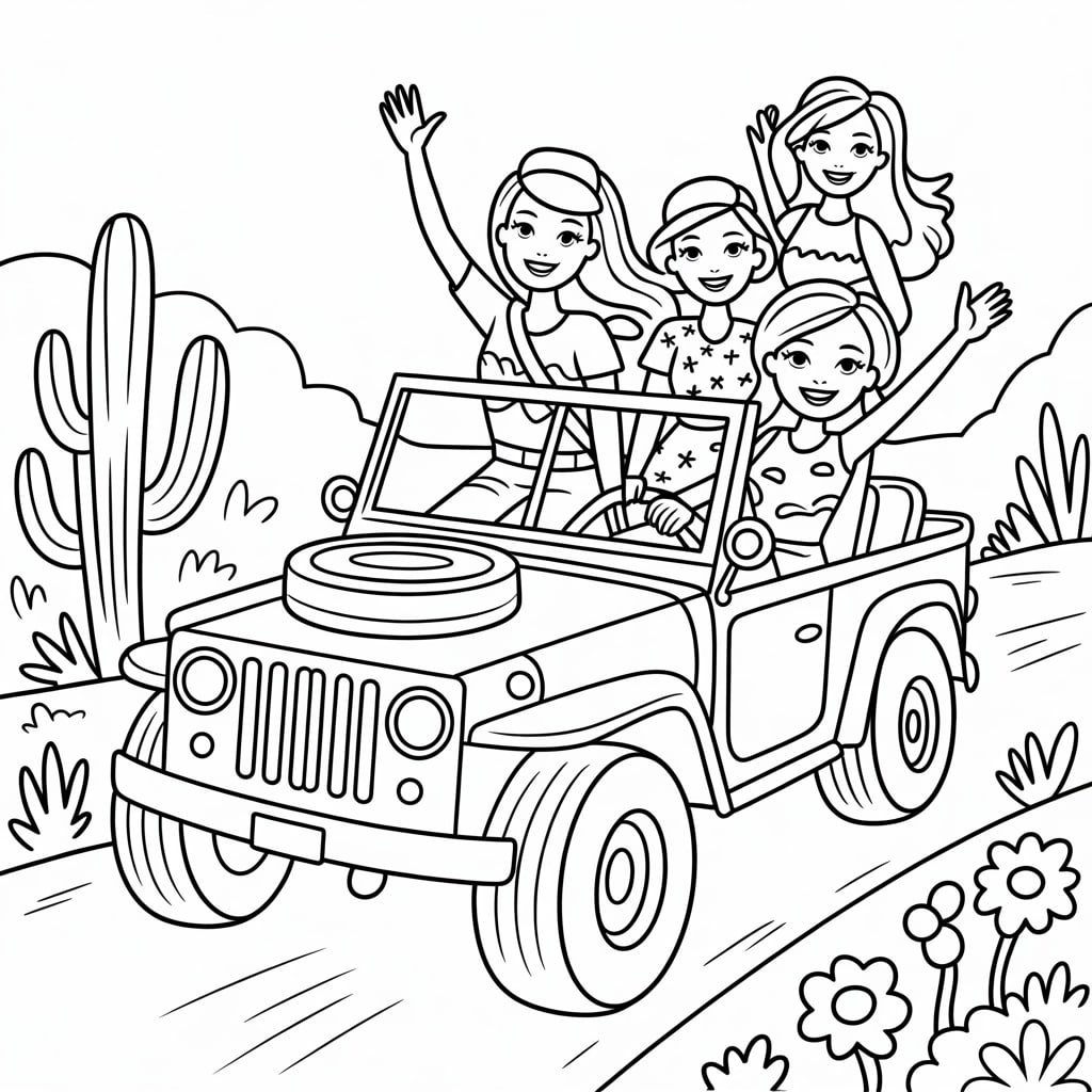 Barbie And Friends In Jeep Coloring Pages 12 Free PDF Printables 2 0001 1 a black and white line art illustration iA6gwZKaScma7OlLX4amaA LOoBmxiUTKeB XQREL5Rlw