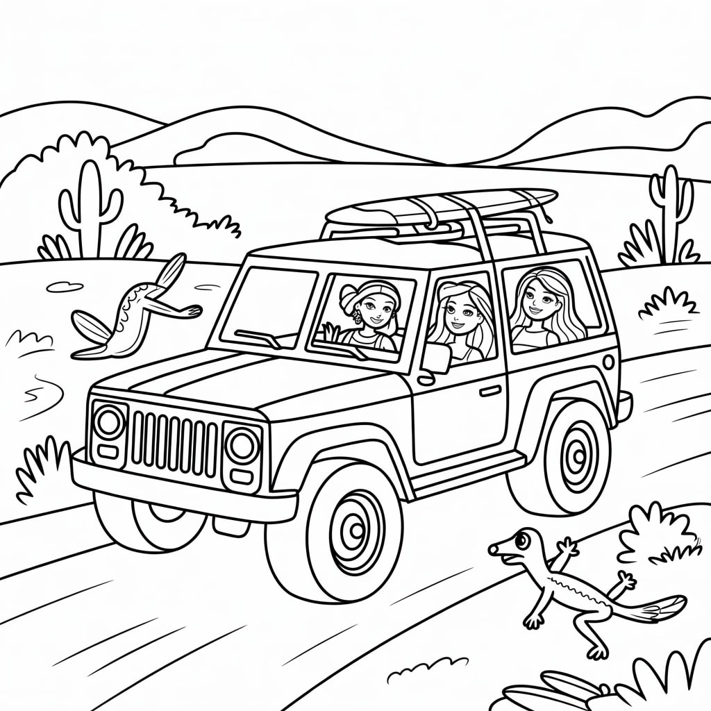 Barbie And Friends In Jeep Coloring Pages 12 Free PDF Printables 3 0001 2 a black and white line art illustration gqH6qVROQUesJ0GGRrxQpQ LOoBmxiUTKeB XQREL5Rlw